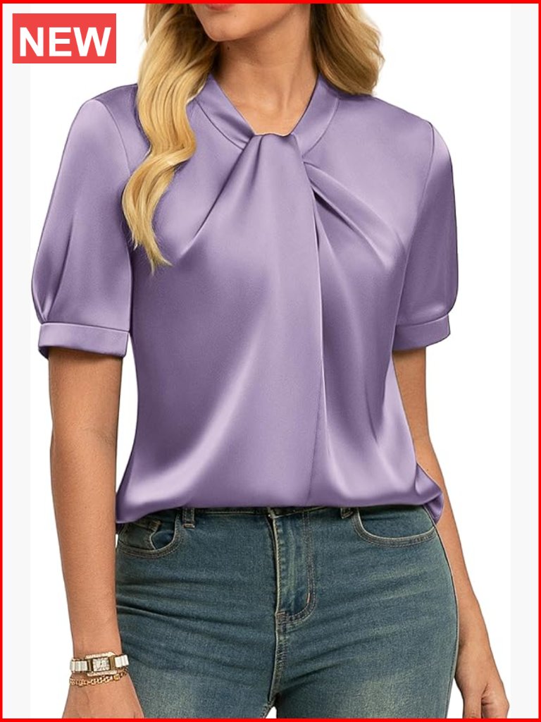 Satin Blouse Mock Neck Short Sleeve Work Shirt Business Casual Top